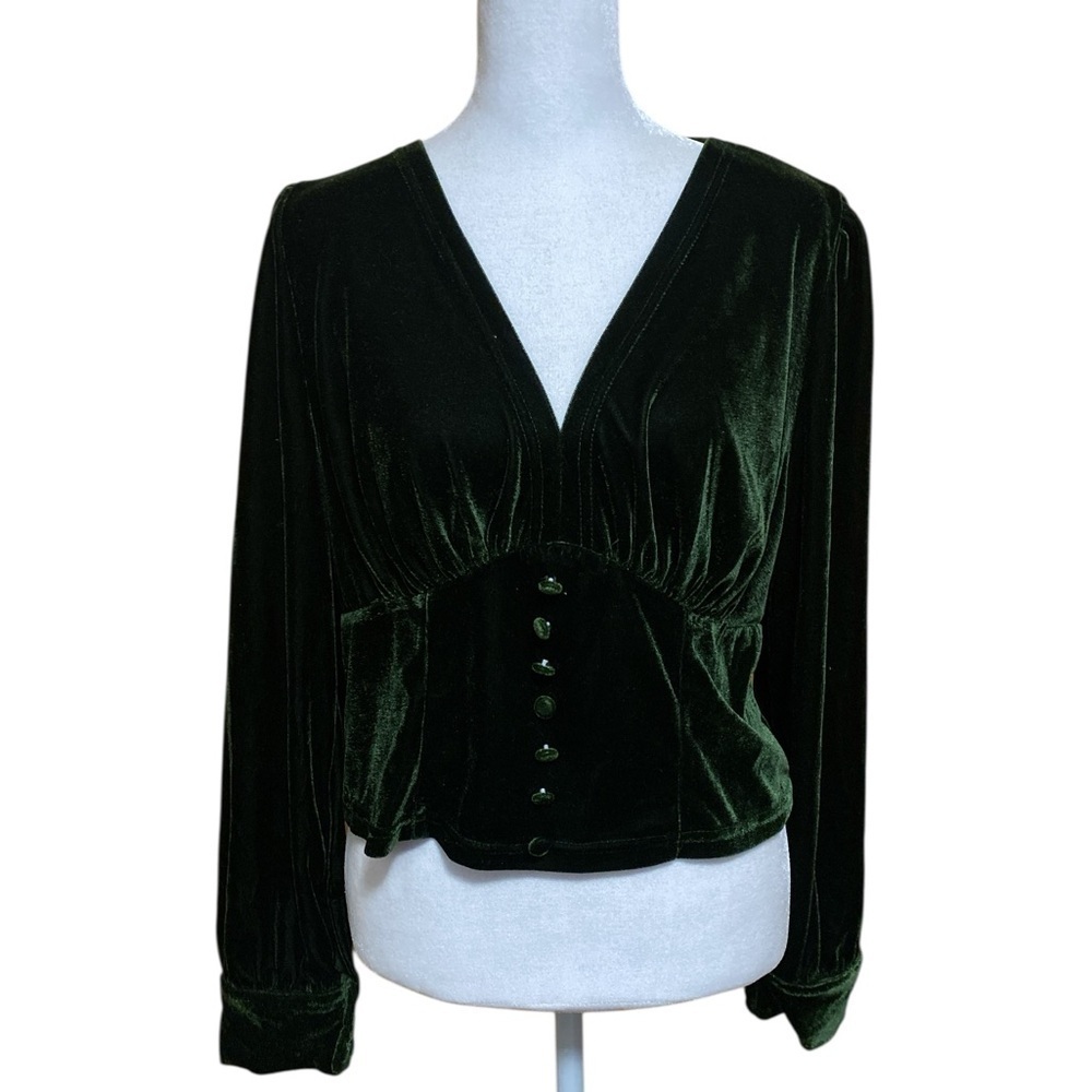 Cider Deep Green Velvet Romantic Festival Cropped Shirt Top, Size 0XL